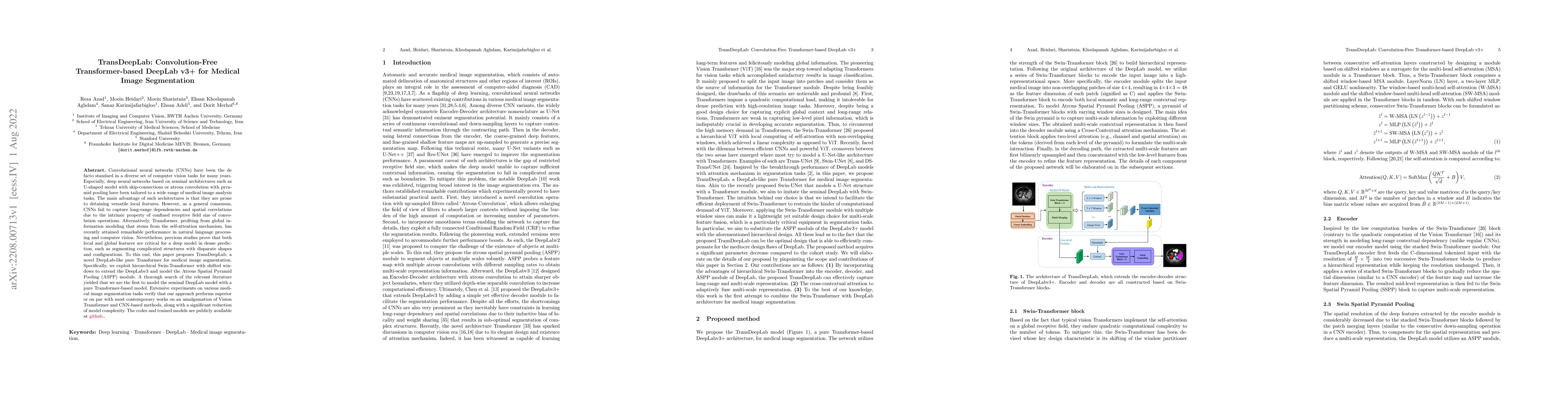 Thumbnail for TransDeepLab: Convolution-Free Transformer-based DeepLab v3+ for Medical
  Image Segmentation
