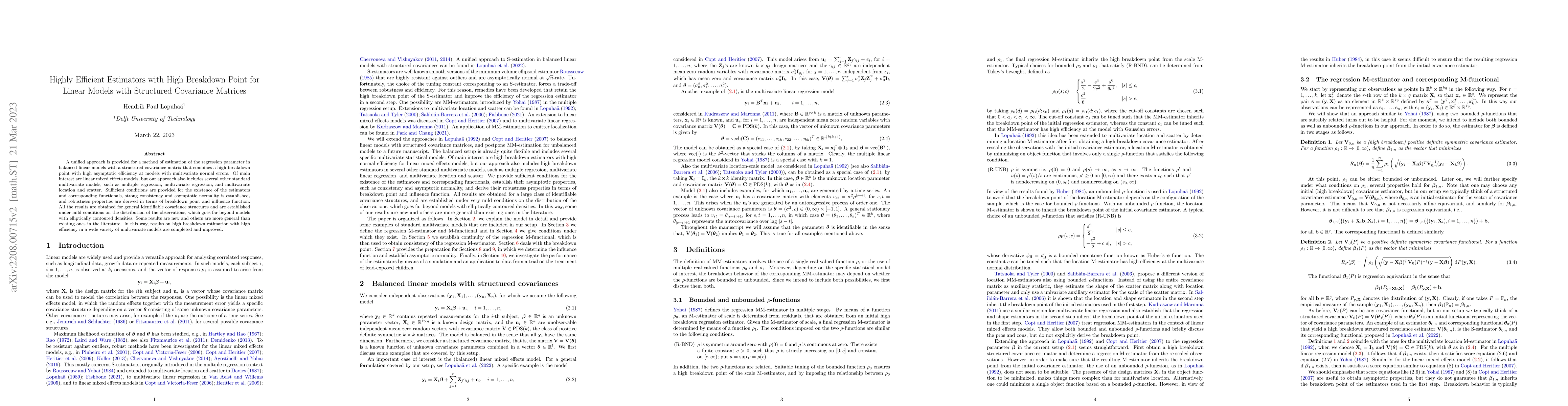 Thumbnail for Highly Efficient Estimators with High Breakdown Point for Linear Models
  with Structured Covariance Matrices
