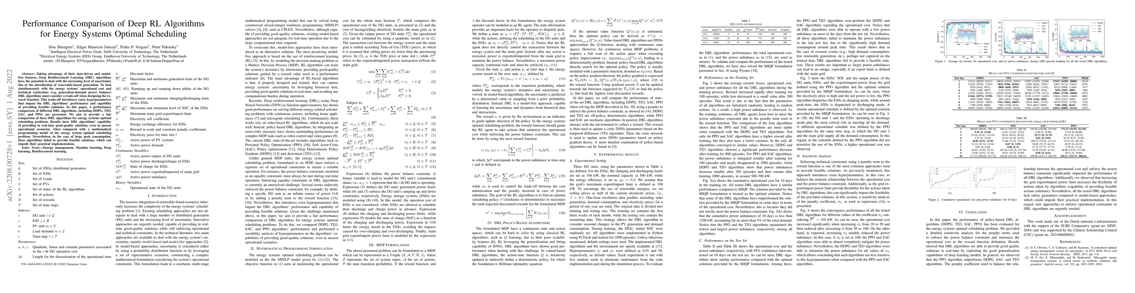 Thumbnail for Performance Comparison of Deep RL Algorithms for Energy Systems Optimal
  Scheduling