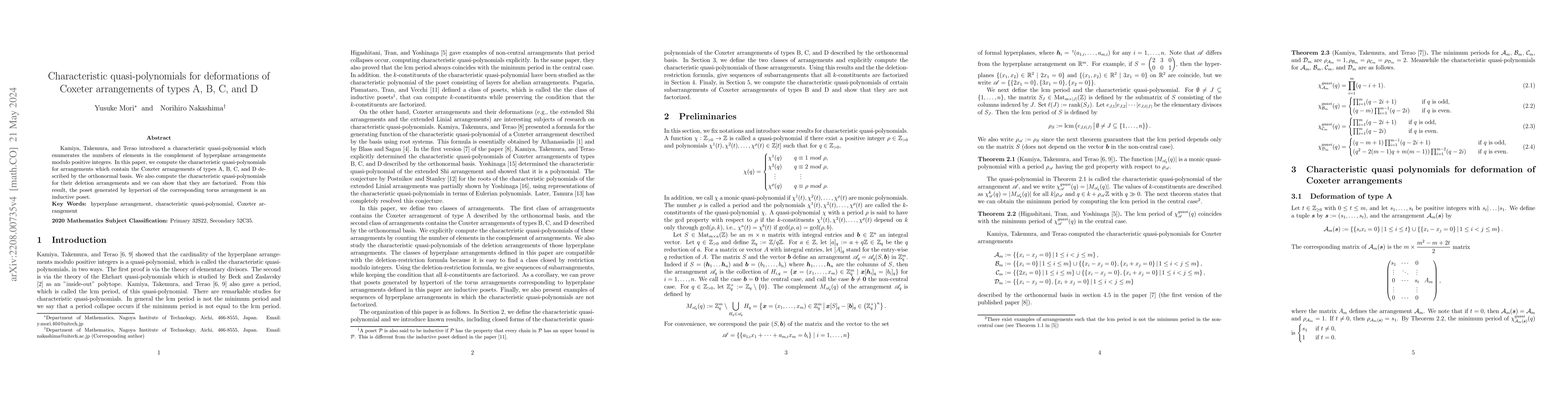 Thumbnail for Characteristic quasi-polynomials for deformations of Coxeter
  arrangements of types A, B, C, and D