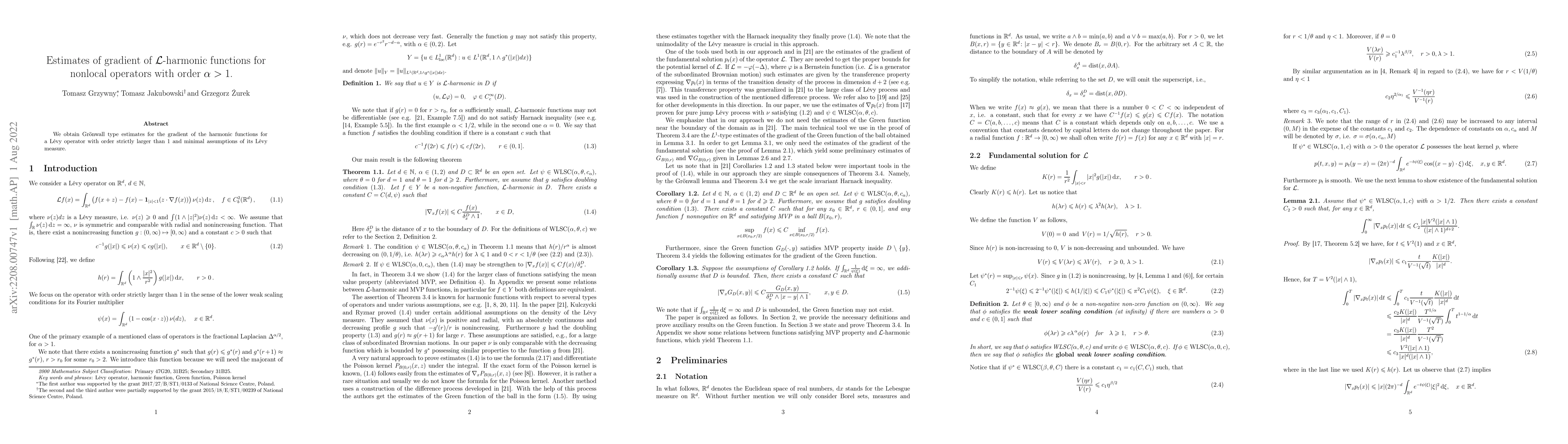 Thumbnail for Estimates of gradient of $\mathcal{L}$-harmonic functions for nonlocal
  operators with order $\alpha>1$