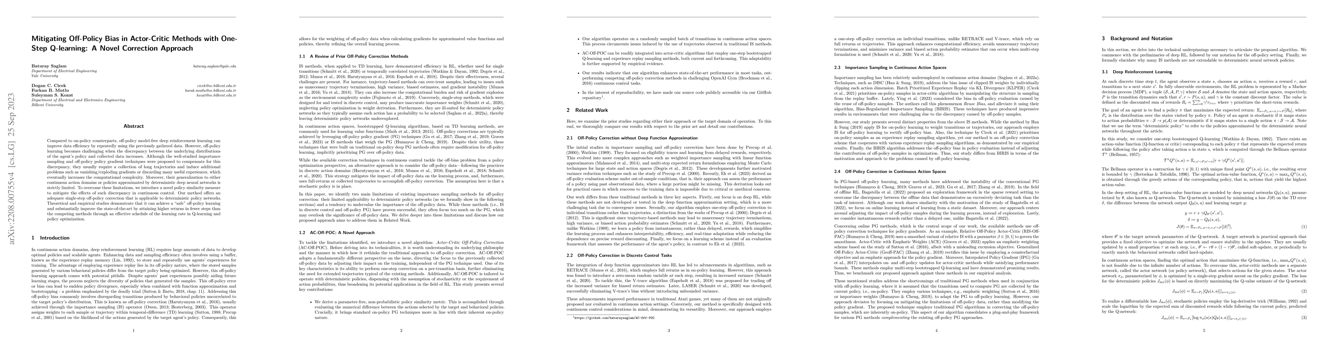 Thumbnail for Mitigating Off-Policy Bias in Actor-Critic Methods with One-Step
  Q-learning: A Novel Correction Approach