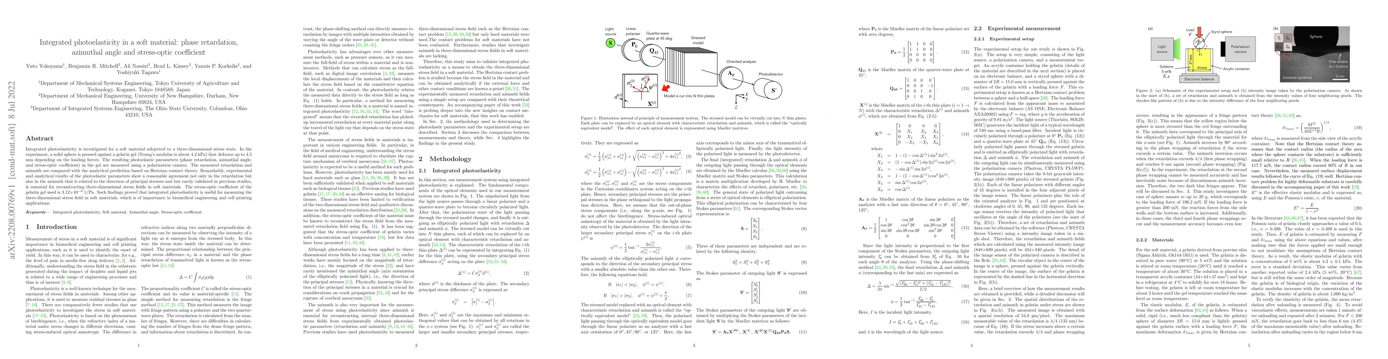 Thumbnail for Integrated photoelasticity in a soft material: phase retardation,
  azimuthal angle and stress-optic coefficient