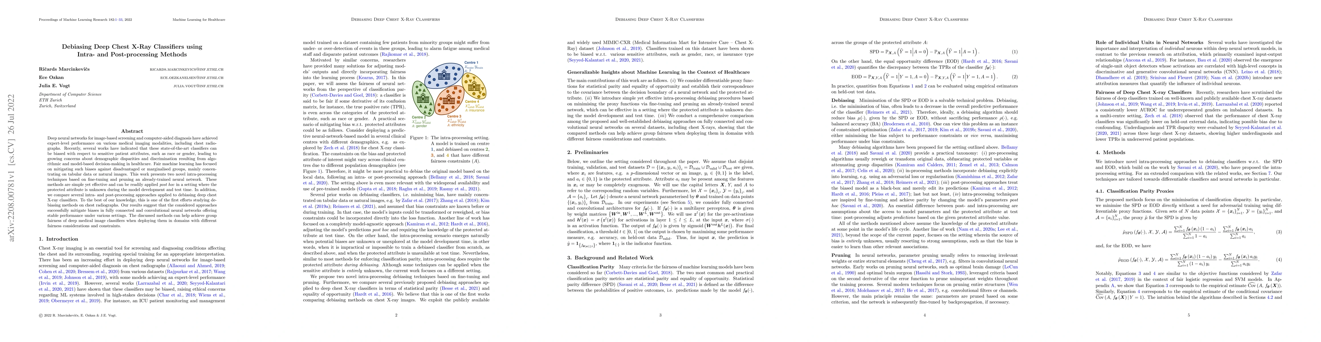 Thumbnail for Debiasing Deep Chest X-Ray Classifiers using Intra- and Post-processing
  Methods