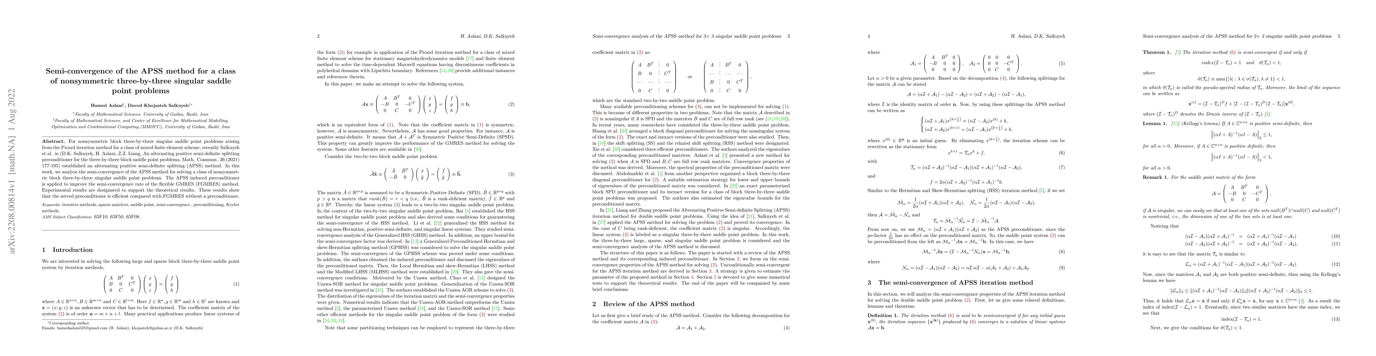 Thumbnail for Semi-convergence of the APSS method for a class of nonsymmetric
  three-by-three singular saddle point problems