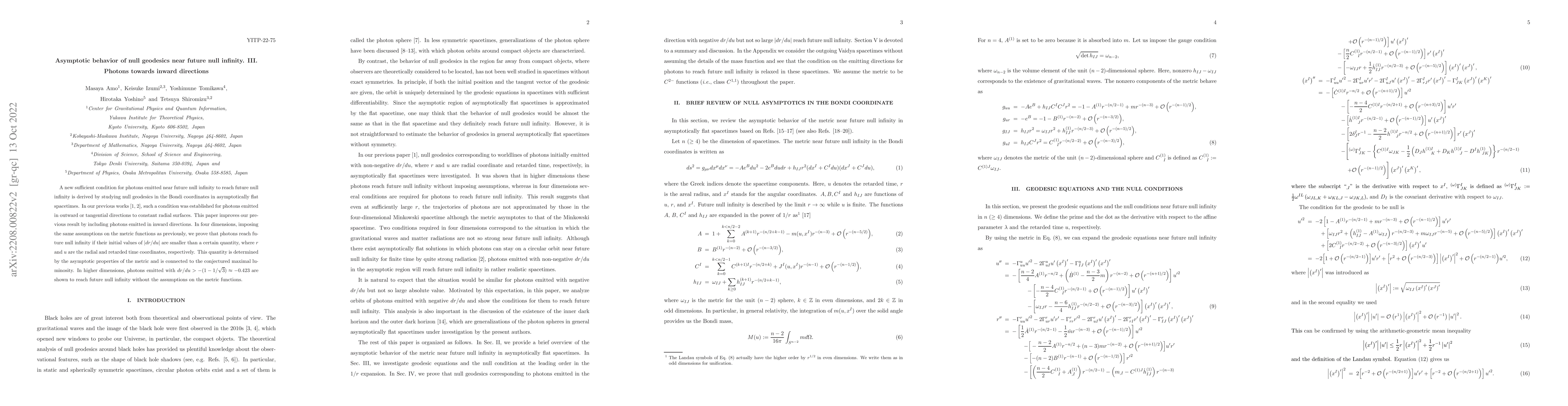 Thumbnail for Asymptotic behavior of null geodesics near future null infinity. III.
  Photons towards inward directions