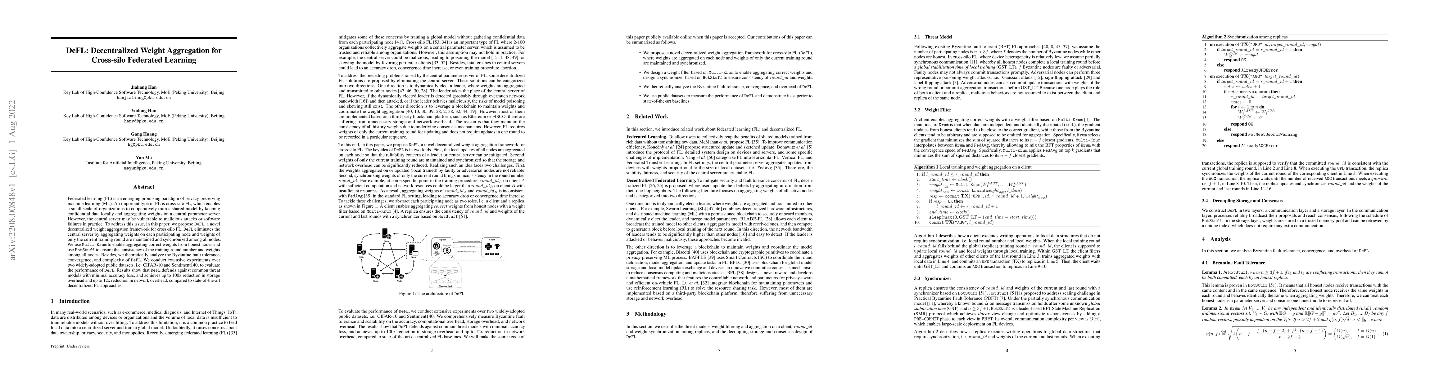Thumbnail for DeFL: Decentralized Weight Aggregation for Cross-silo Federated Learning