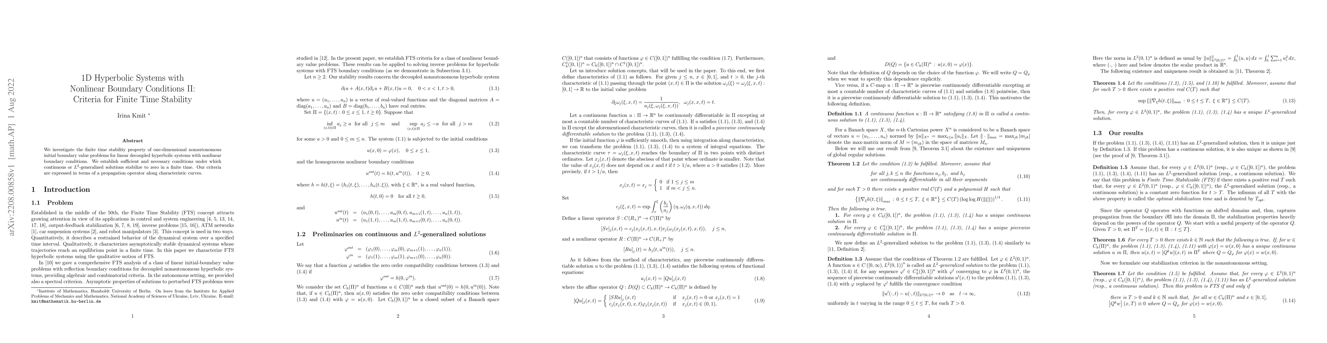 Thumbnail for 1D Hyperbolic Systems with Nonlinear Boundary Conditions II: Criteria
  for Finite Time Stability