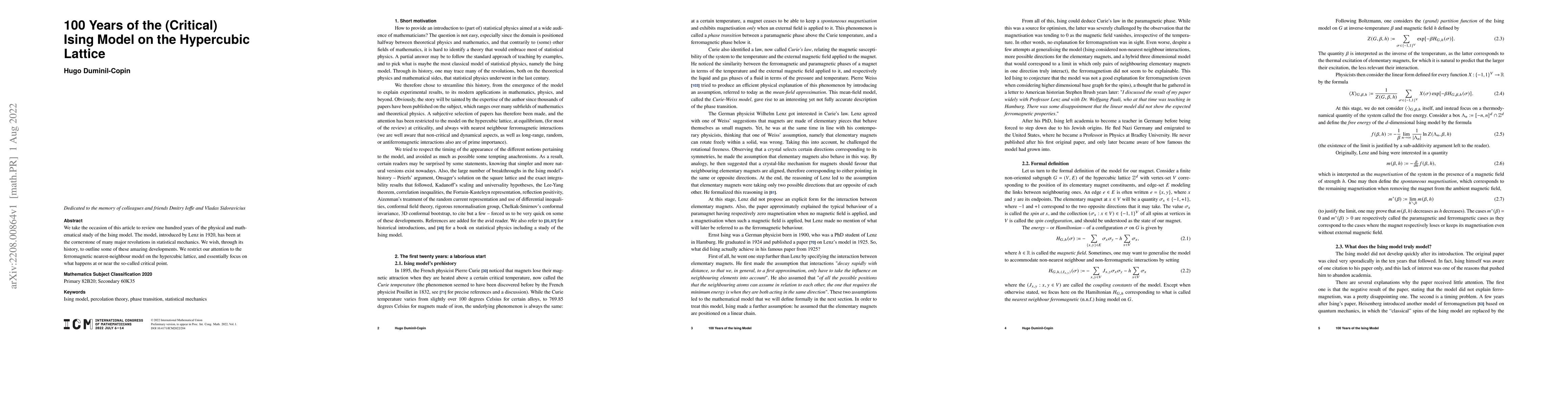 Thumbnail for 100 Years of the (Critical) Ising Model on the Hypercubic Lattice