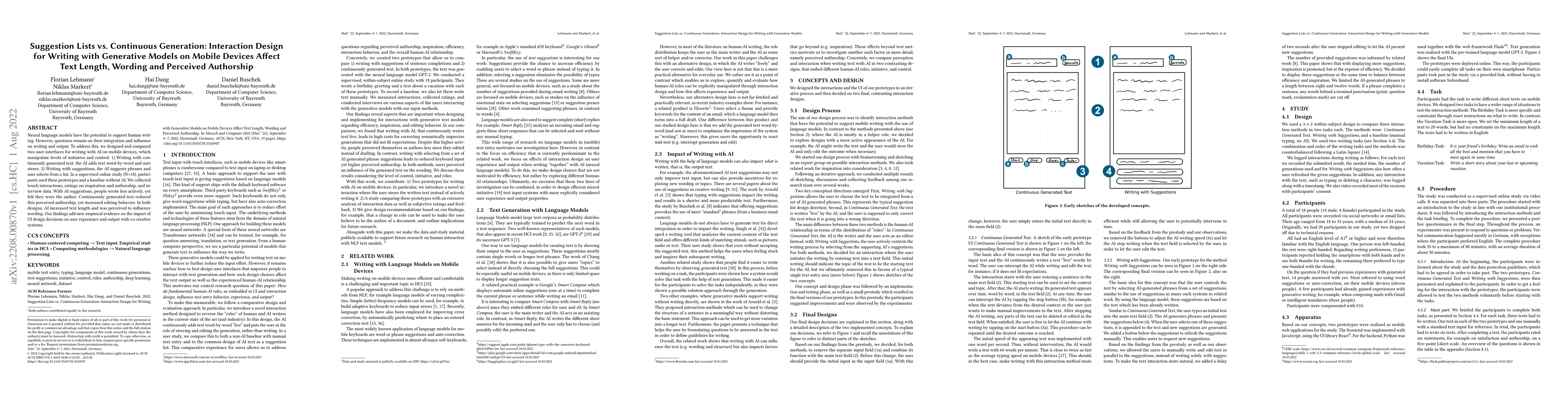 Thumbnail for Suggestion Lists vs. Continuous Generation: Interaction Design for
  Writing with Generative Models on Mobile Devices Affect Text Length, Wording
  and Perceived Authorship