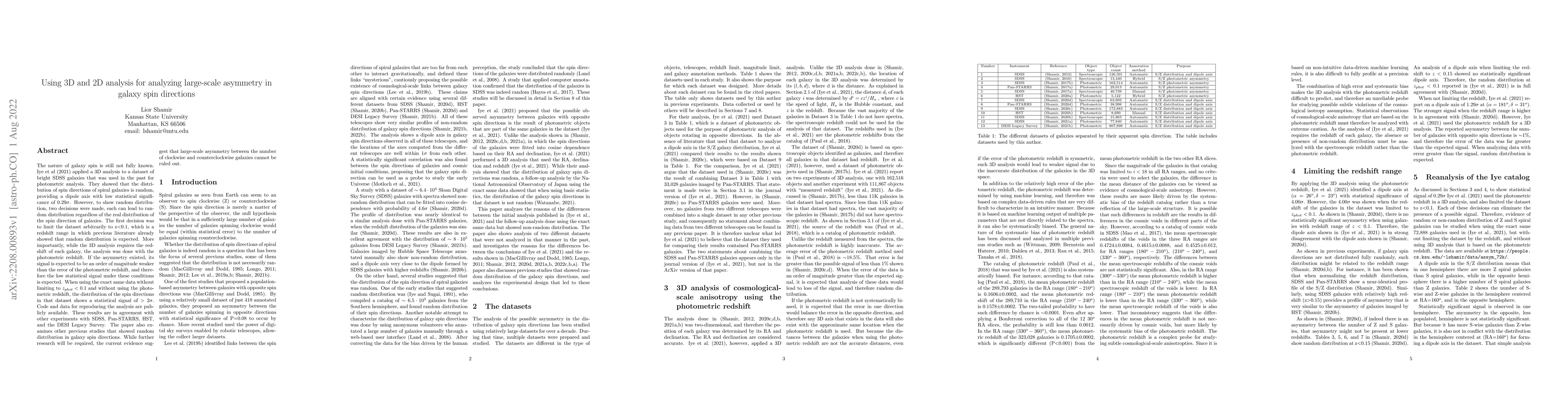 Thumbnail for Using 3D and 2D analysis for analyzing large-scale asymmetry in galaxy
  spin directions