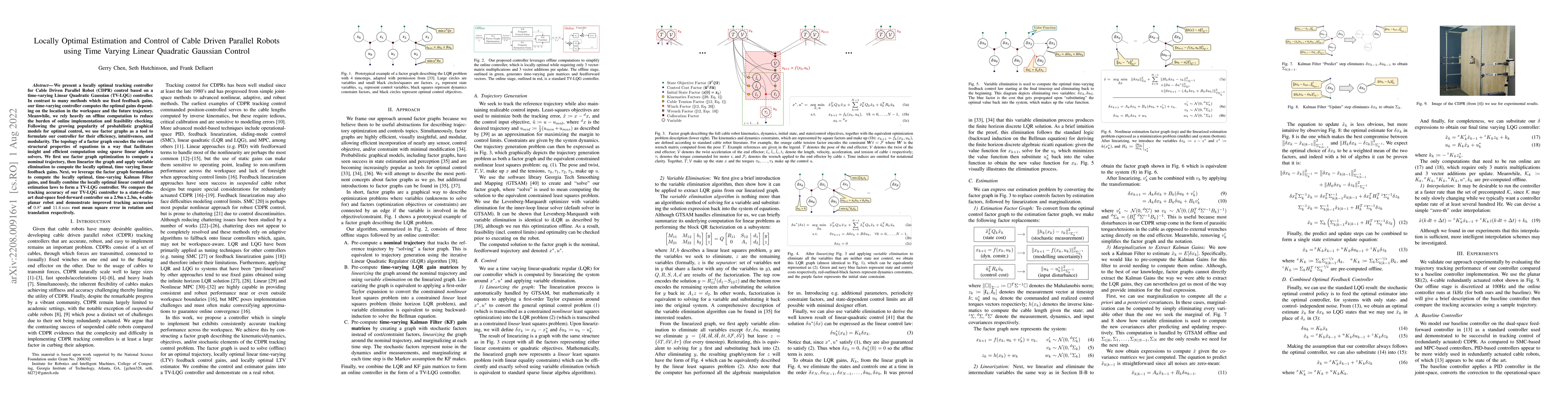 Thumbnail for Locally Optimal Estimation and Control of Cable Driven Parallel Robots
  using Time Varying Linear Quadratic Gaussian Control
