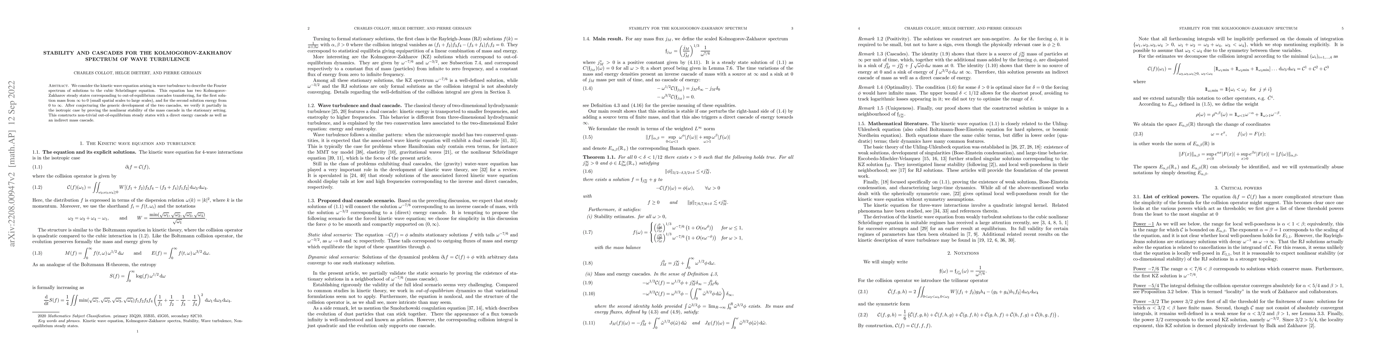 Thumbnail for Stability and cascades for the Kolmogorov-Zakharov spectrum of wave
  turbulence