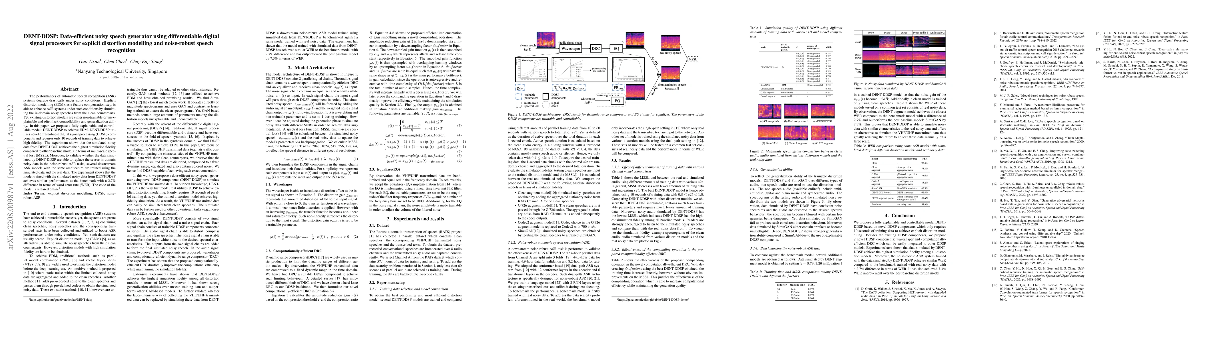 Thumbnail for DENT-DDSP: Data-efficient noisy speech generator using differentiable
  digital signal processors for explicit distortion modelling and noise-robust
  speech recognition