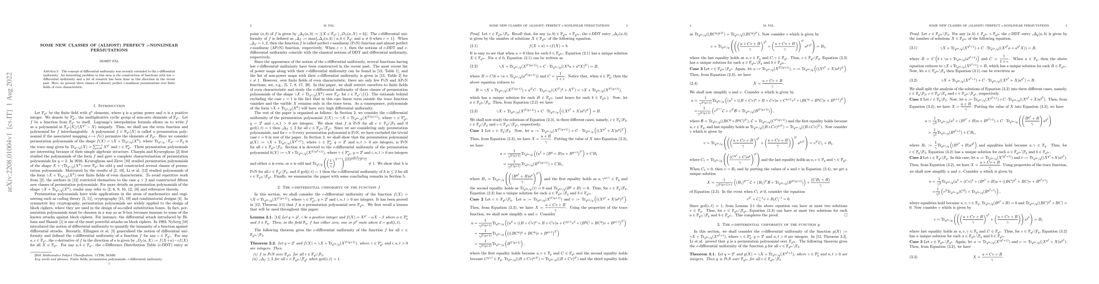 Thumbnail for Some new classes of (almost) perfect $c$-nonlinear permutations
