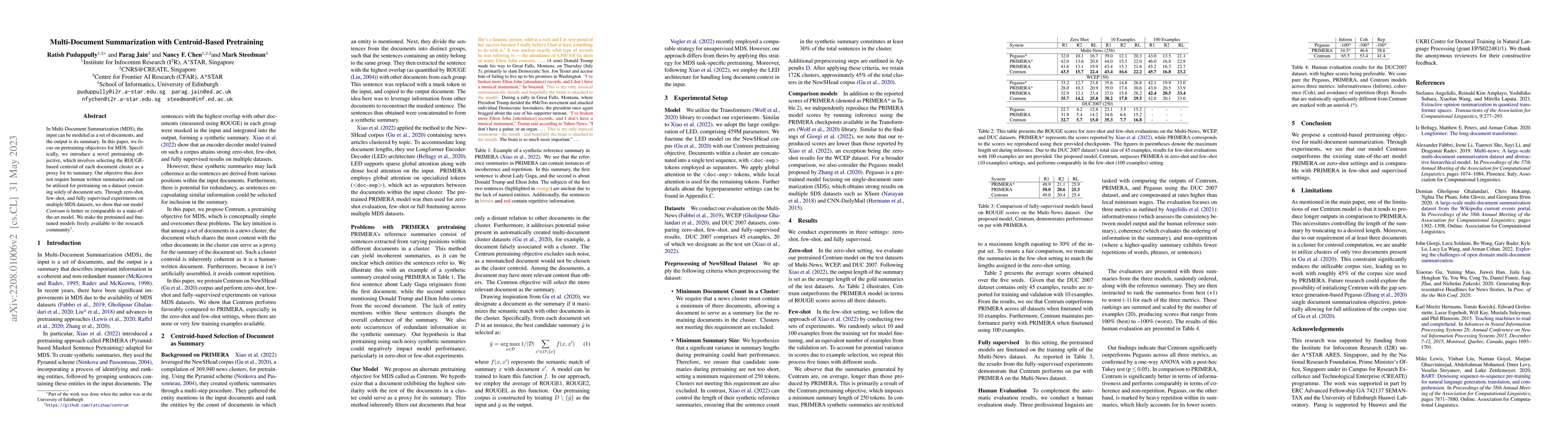 Thumbnail for Multi-Document Summarization with Centroid-Based Pretraining