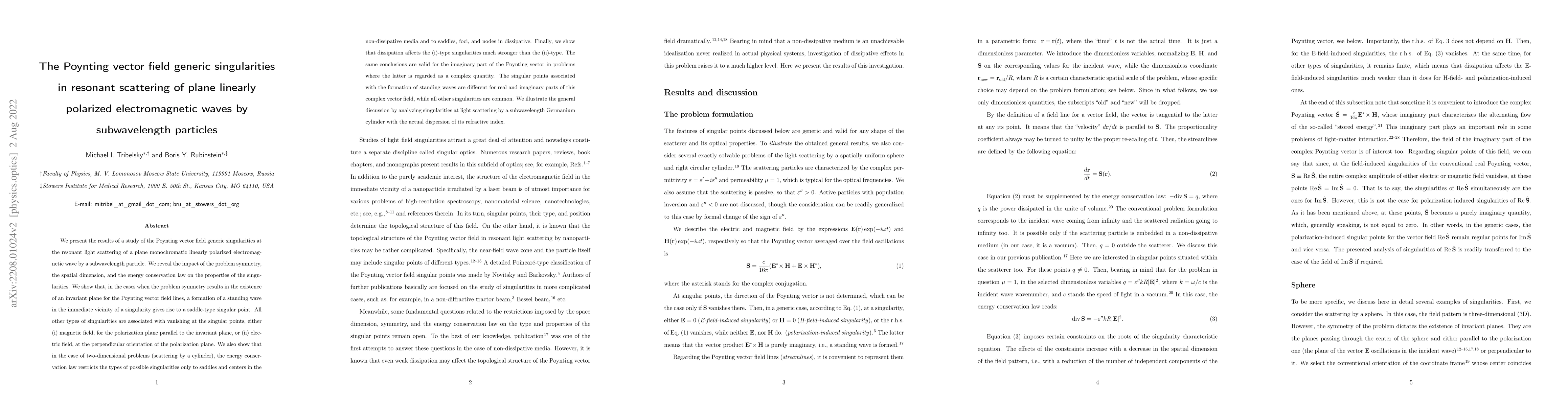 Thumbnail for The Poynting vector field generic singularities in resonant scattering
  of plane linearly polarized electromagnetic waves by subwavelength particles
