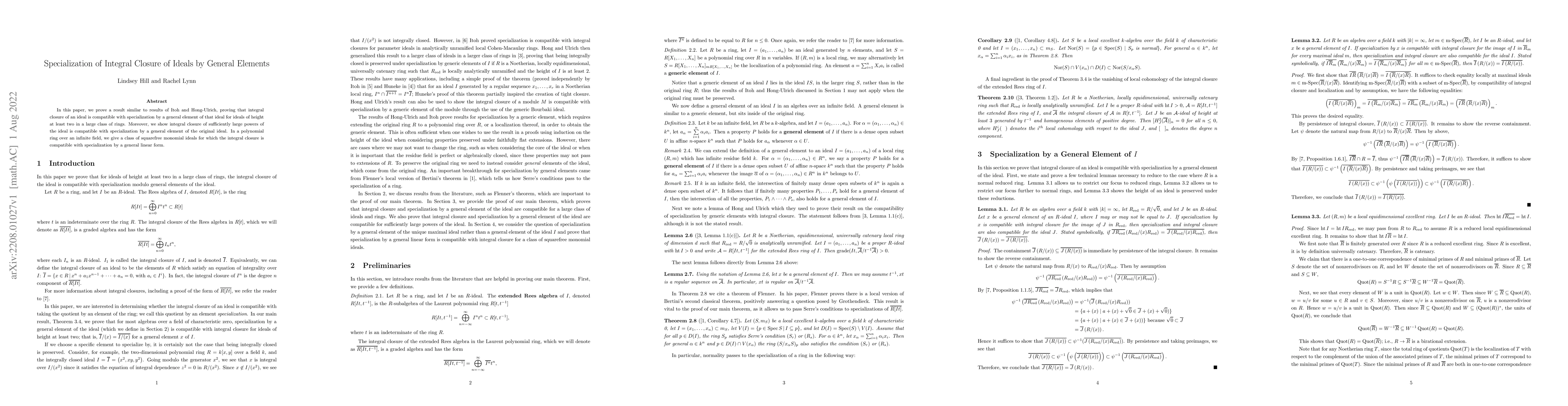 Thumbnail for Specialization of Integral Closure of Ideals by General Elements