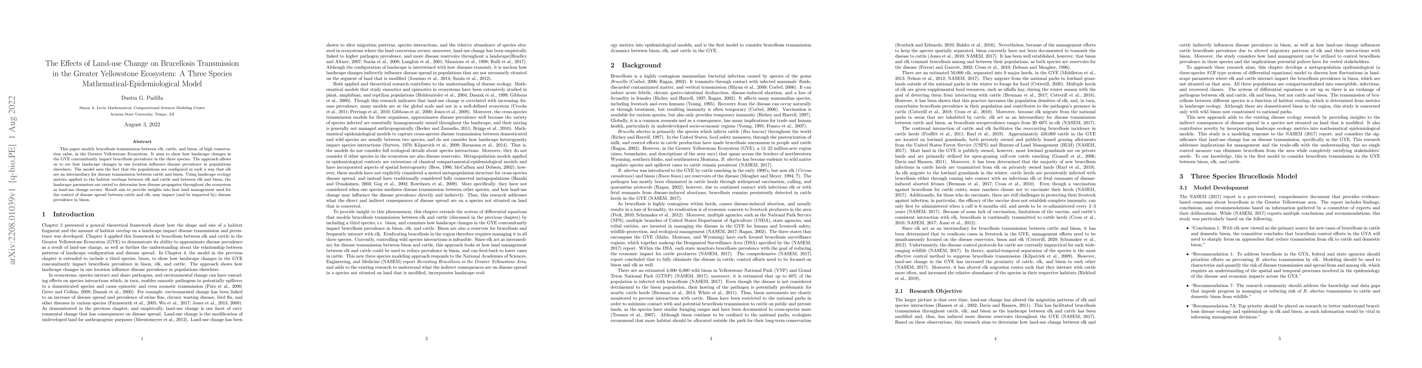 Thumbnail for The Effects of Land-use Change on Brucellosis Transmission in the
  Greater Yellowstone Ecosystem: A Three Species Mathematical-Epidemiological
  Model