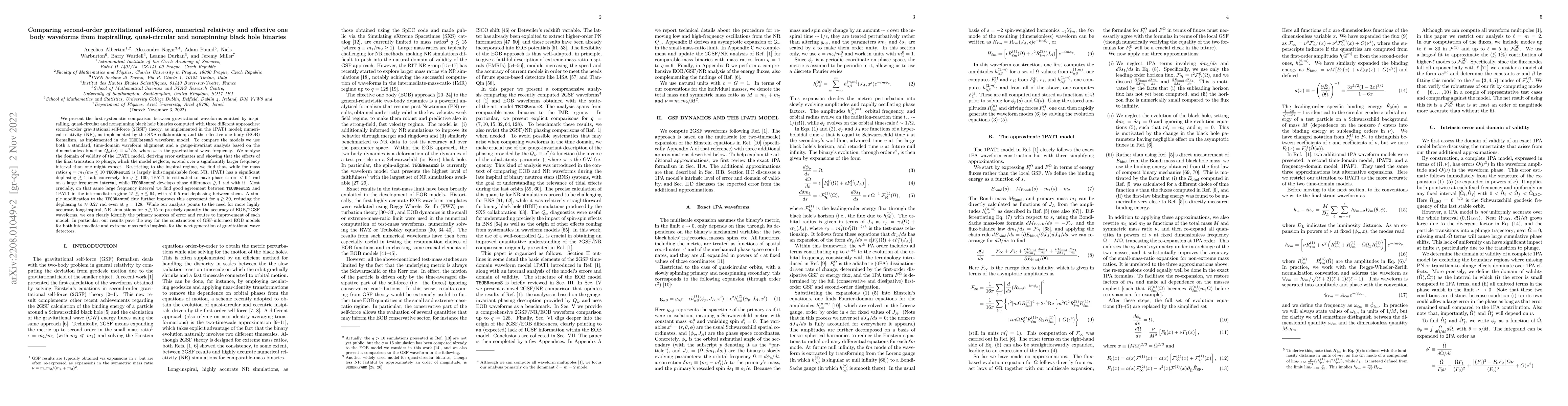 Thumbnail for Comparing second-order gravitational self-force, numerical relativity
  and effective one body waveforms from inspiralling, quasi-circular and
  nonspinning black hole binaries