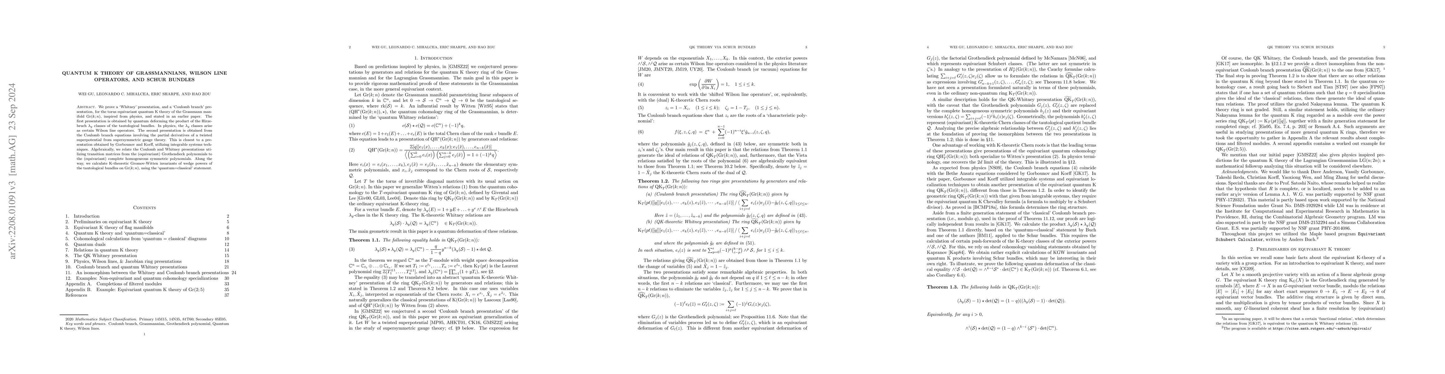 Thumbnail for Quantum K theory of Grassmannians, Wilson line operators, and Schur
  bundles