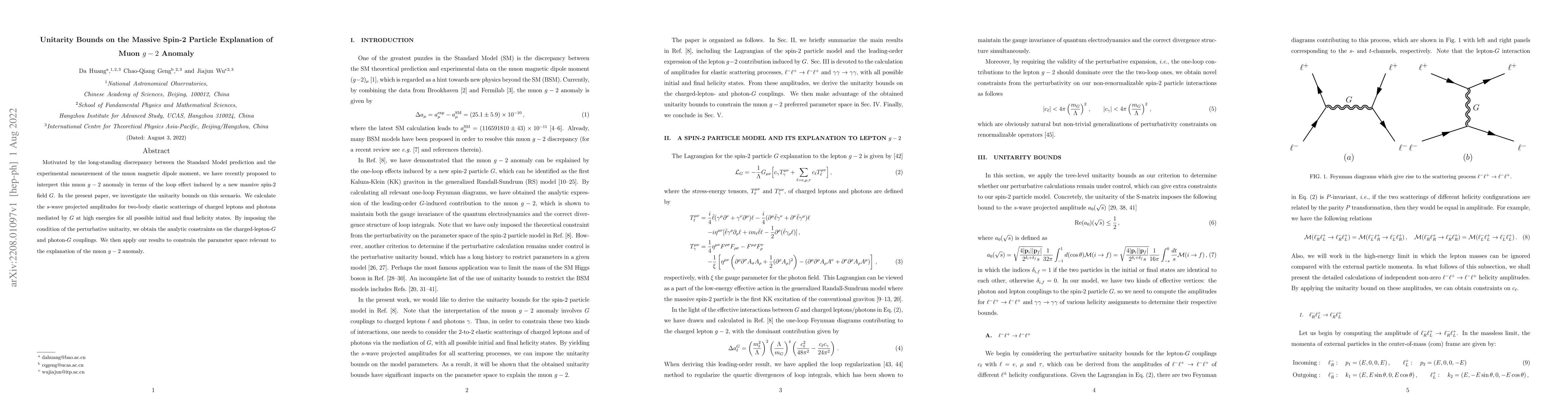 Thumbnail for Unitarity Bounds on the Massive Spin-2 Particle Explanation of Muon
  $g-2$ Anomaly