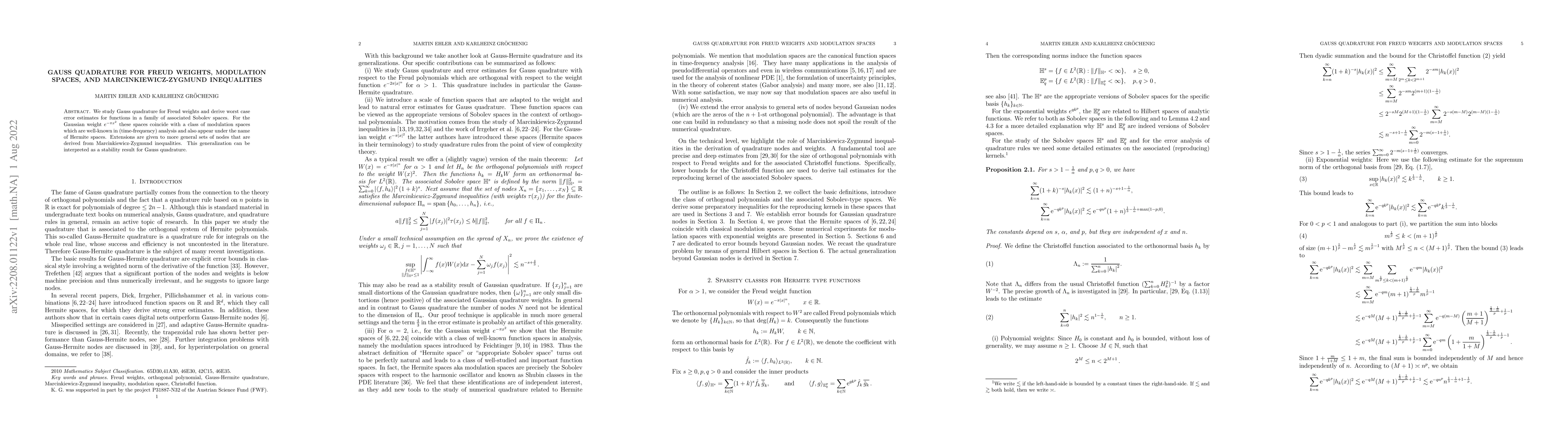 Thumbnail for Gauss Quadrature for Freud Weights, Modulation Spaces, and
  Marcinkiewicz-Zygmund Inequalities