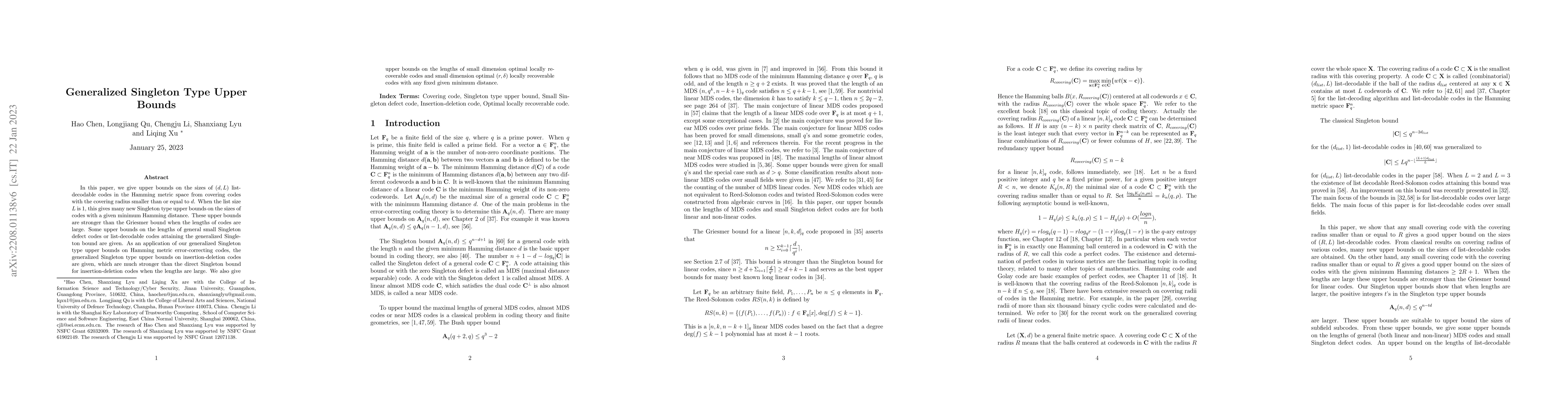 Thumbnail for Generalized Singleton Type Upper Bounds
