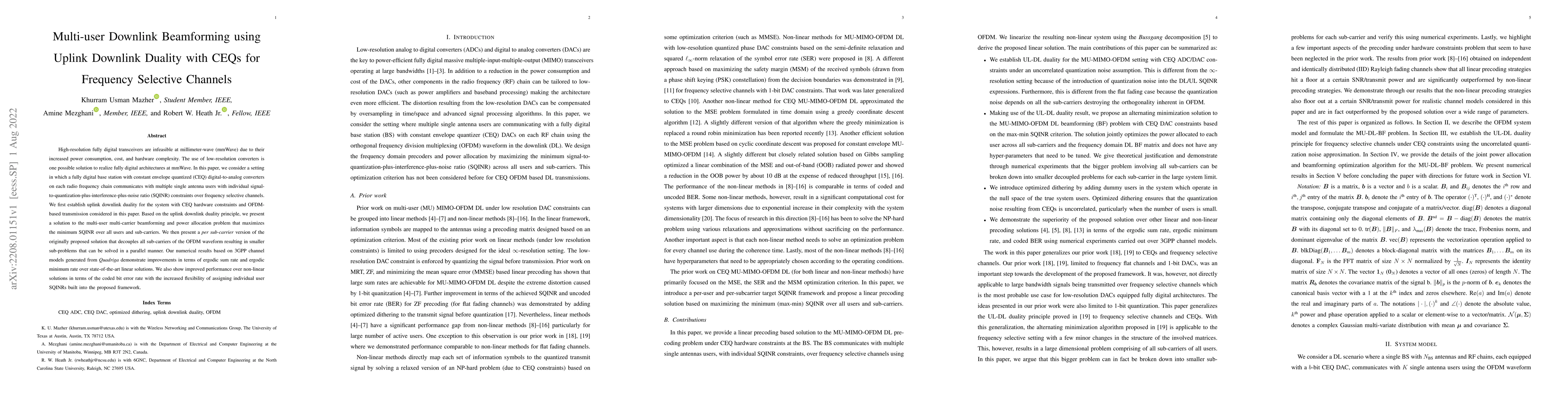 Thumbnail for Multi-user Downlink Beamforming using Uplink Downlink Duality with CEQs
  for Frequency Selective Channels