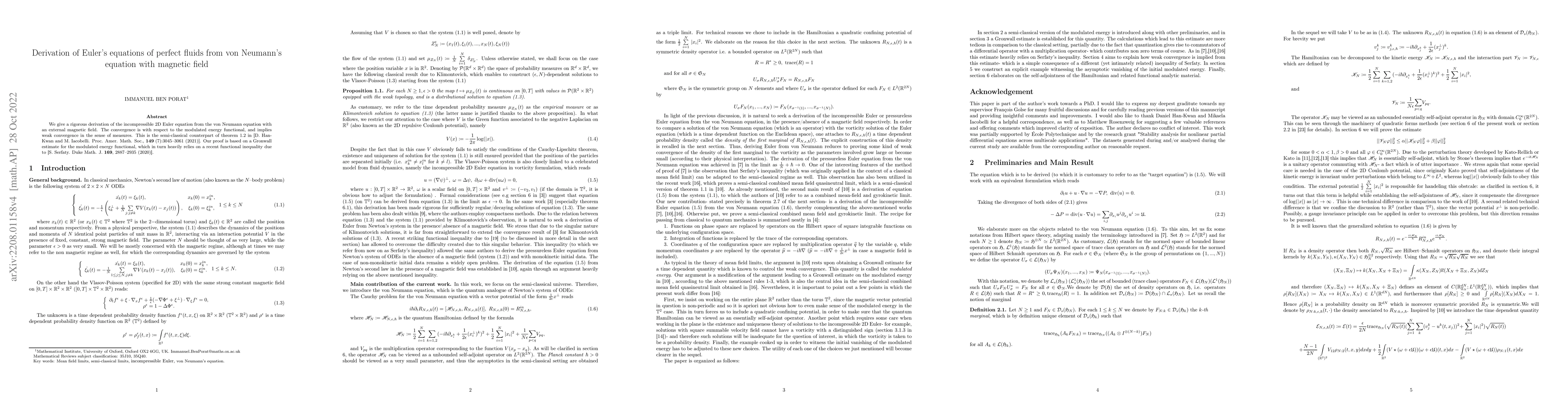 Thumbnail for Derivation of Euler's equations of perfect fluids from von Neumann's
  equation with magnetic field