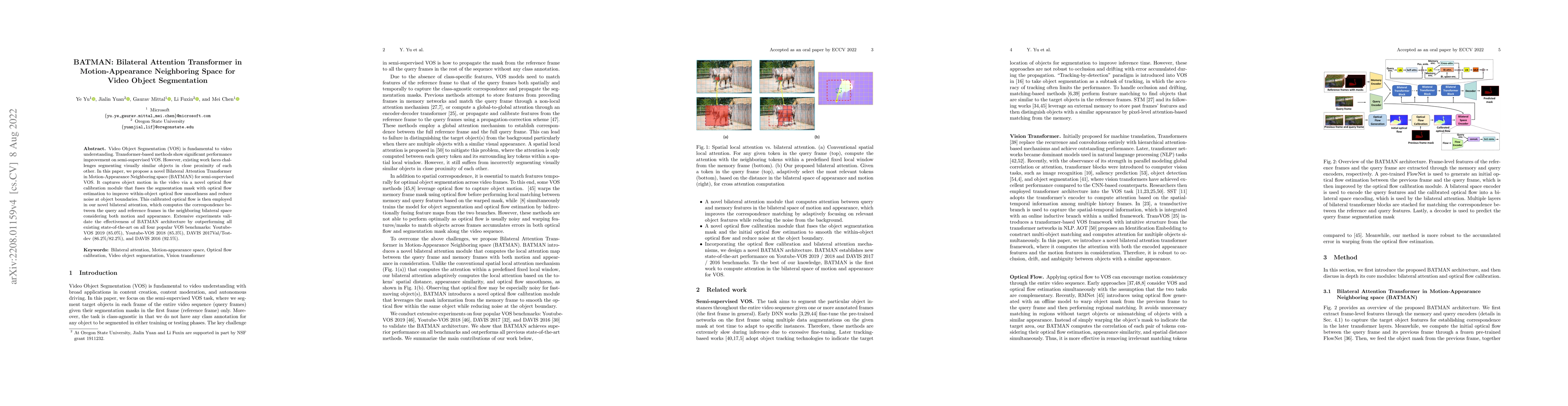Thumbnail for BATMAN: Bilateral Attention Transformer in Motion-Appearance Neighboring
  Space for Video Object Segmentation