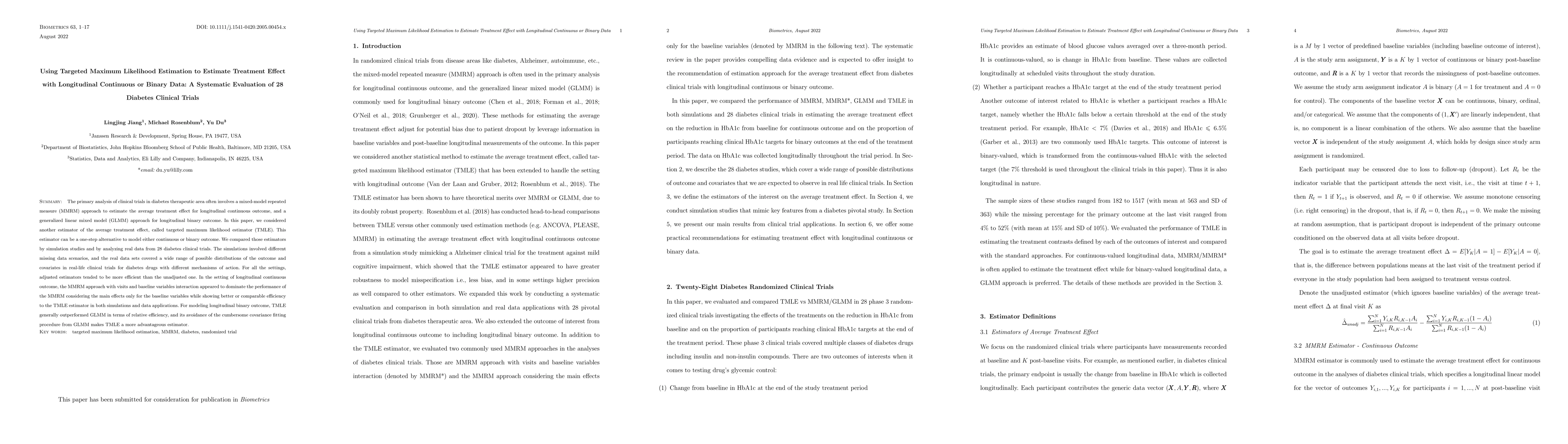 Thumbnail for Using Targeted Maximum Likelihood Estimation to Estimate Treatment
  Effect with Longitudinal Continuous or Binary Data: A Systematic Evaluation
  of 28 Diabetes Clinical Trials