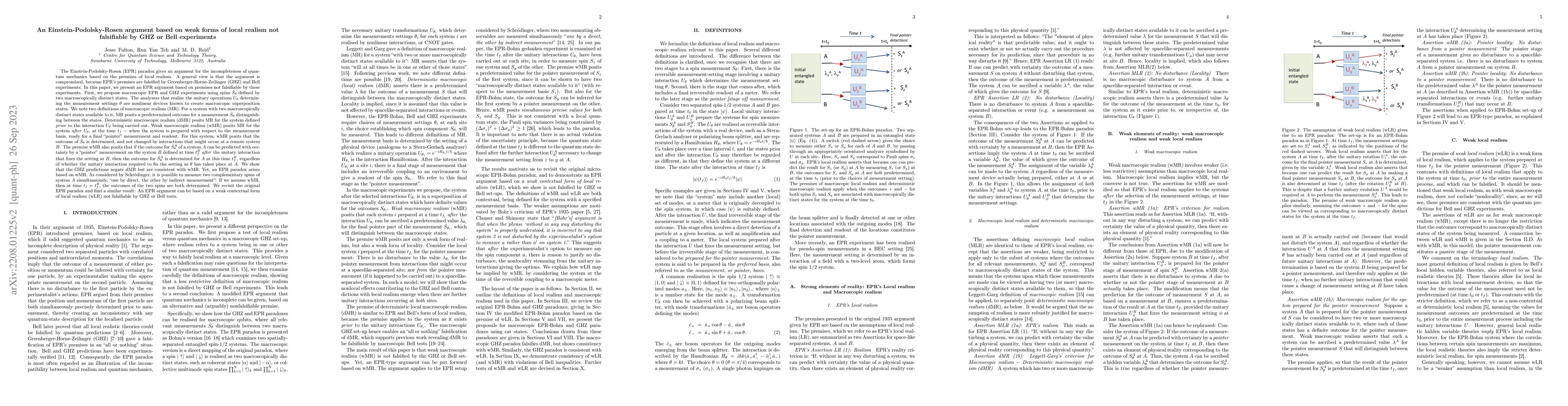 Thumbnail for An Einstein-Podolsky-Rosen argument based on weak forms of local realism
  not falsifiable by GHZ or Bell experiments
