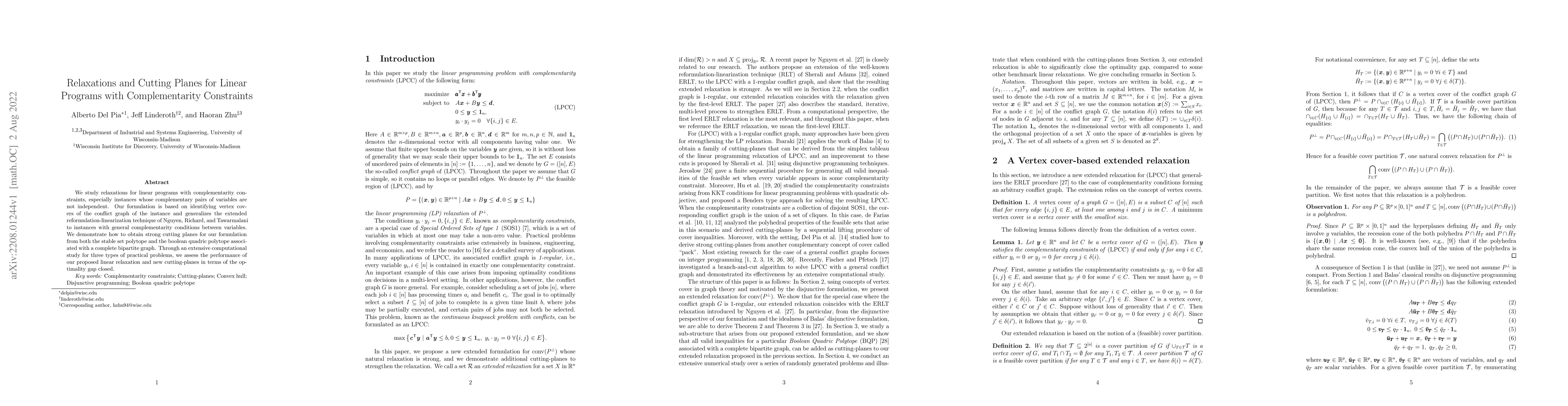 Thumbnail for Relaxations and Cutting Planes for Linear Programs with Complementarity
  Constraints