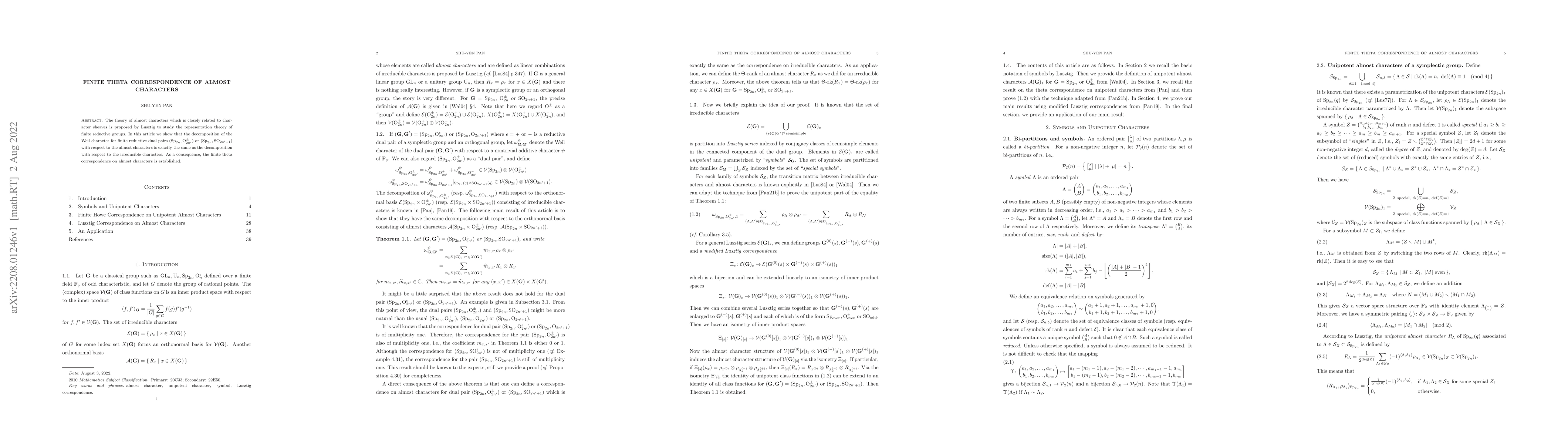 Thumbnail for Finite Theta Correspondence of Almost Characters