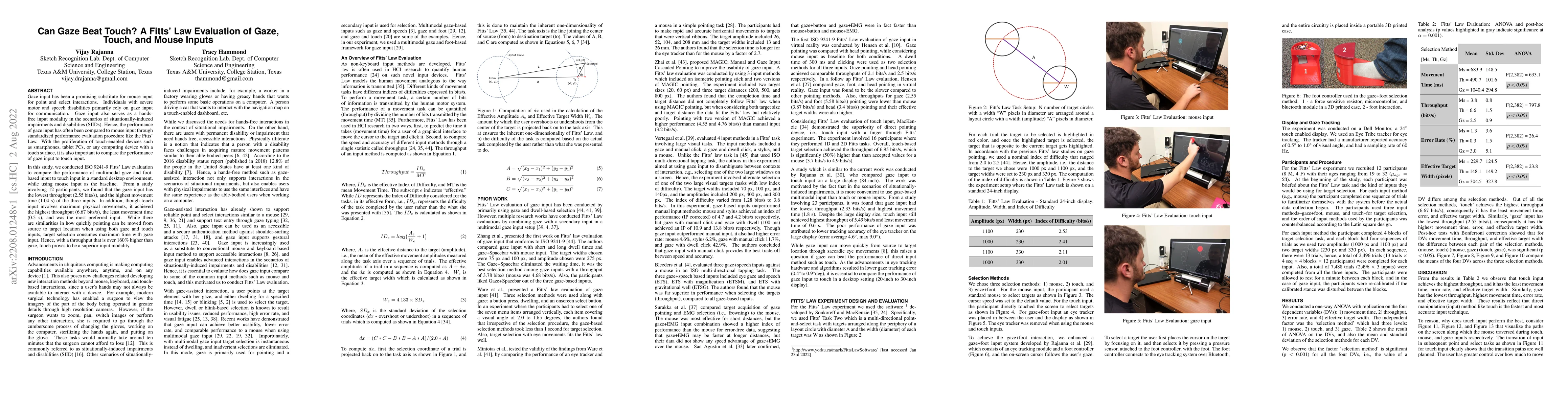 Thumbnail for Can Gaze Beat Touch? A Fitts' Law Evaluation of Gaze, Touch, and Mouse
  Inputs