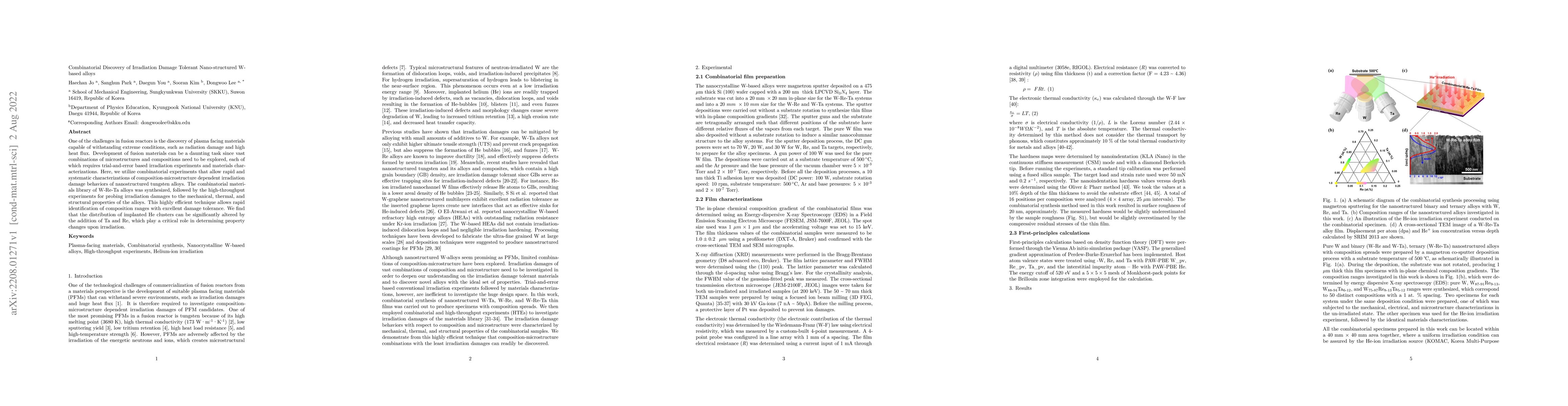 Thumbnail for Combinatorial Discovery of Irradiation Damage Tolerant Nano-structured
  W-based alloys