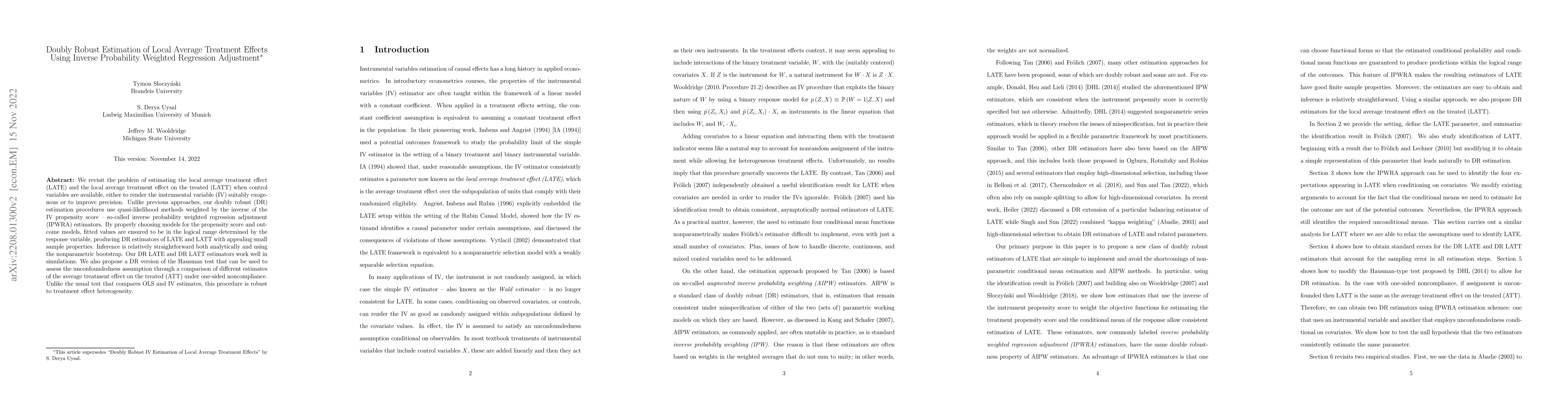 Thumbnail for Doubly Robust Estimation of Local Average Treatment Effects Using
  Inverse Probability Weighted Regression Adjustment