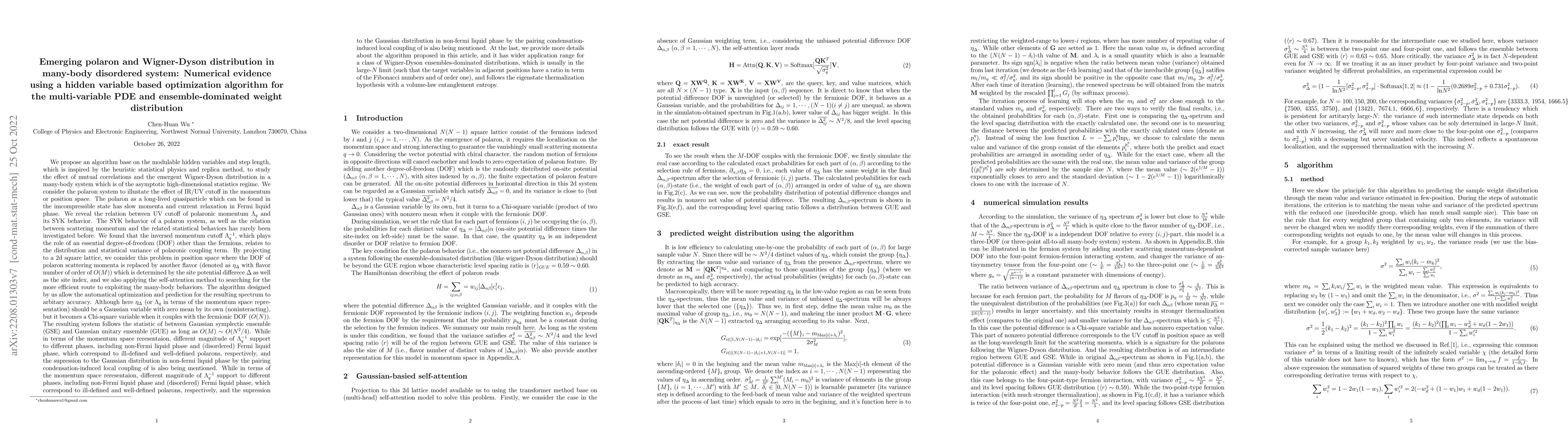 Thumbnail for Emerging polaron and Wigner-Dyson distribution in many-body disordered
  system: Numerical evidence using a hidden variable based optimization
  algorithm for the multi-variable PDE and ensemble-dominated weight
  distribution