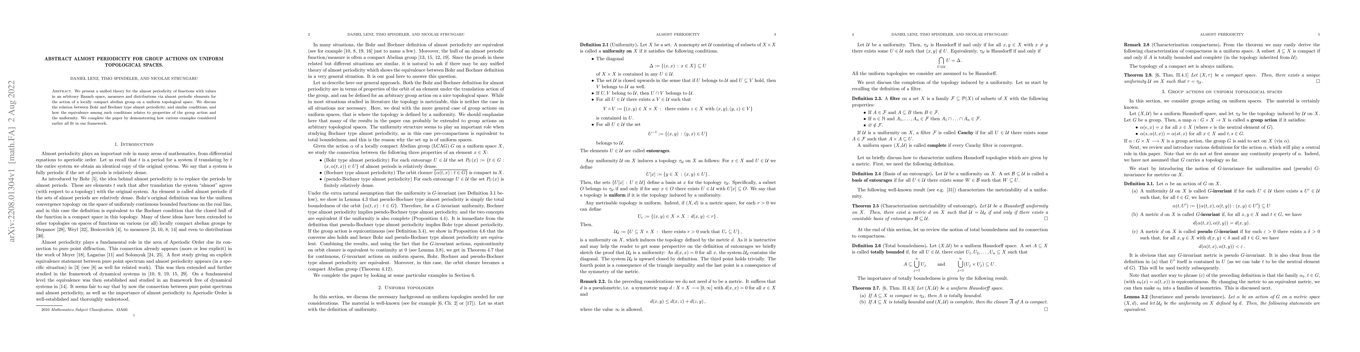 Thumbnail for Abstract almost periodicity for group actions on uniform topological
  spaces