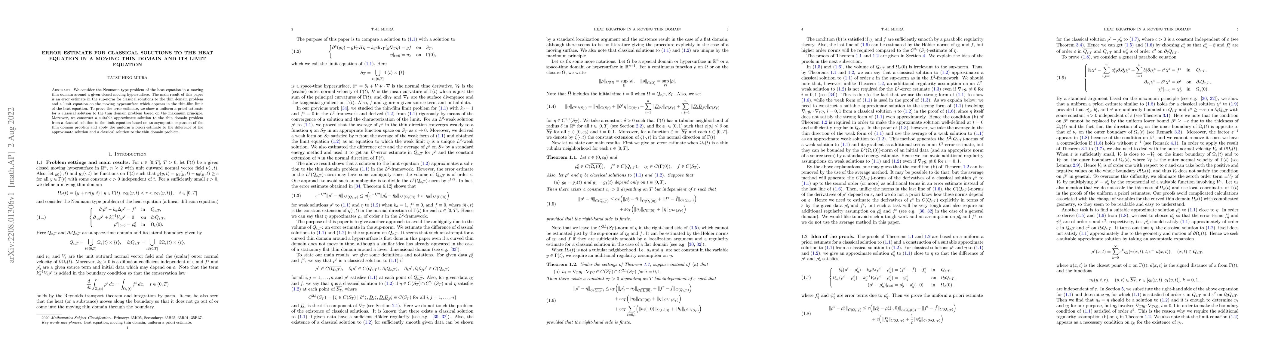 Thumbnail for Error estimate for classical solutions to the heat equation in a moving
  thin domain and its limit equation