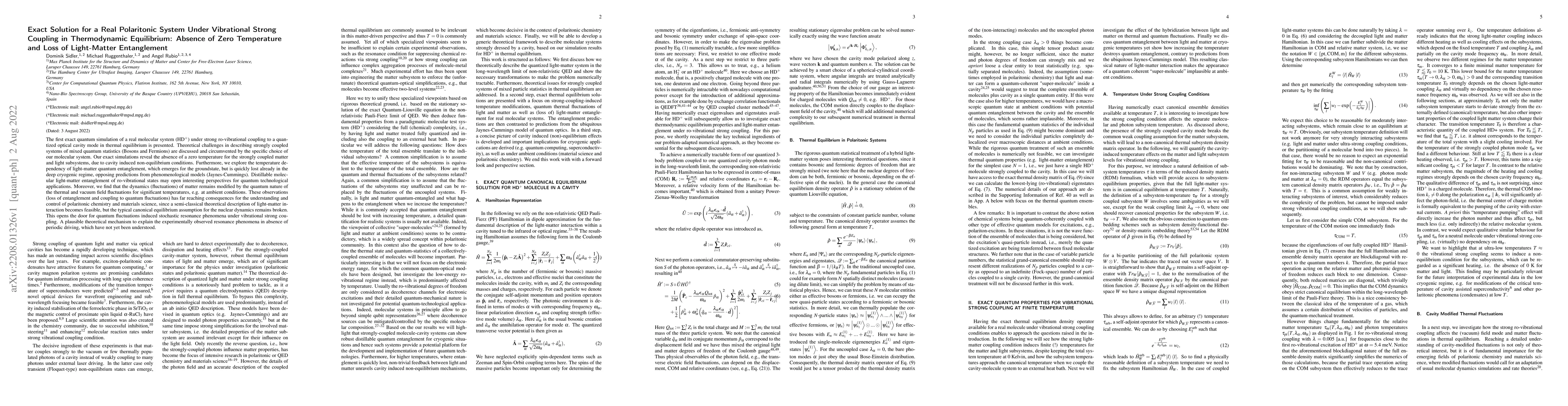 Thumbnail for Exact Solution for A Real Polaritonic System Under Vibrational Strong
  Coupling in Thermodynamic Equilibrium: Absence of Zero Temperature and Loss
  of Light-Matter Entanglement