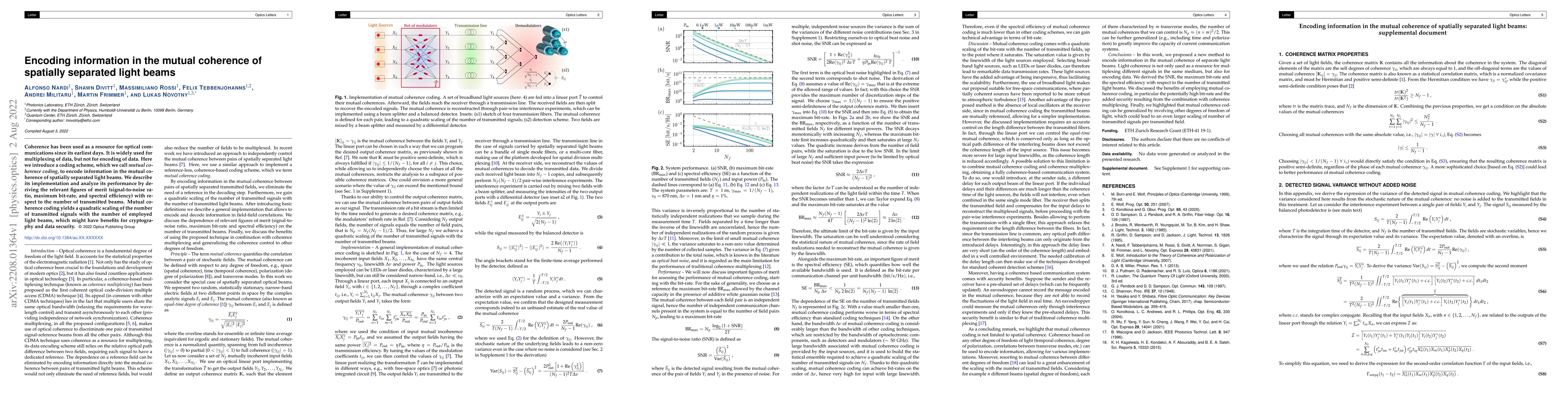 Thumbnail for Encoding information in the mutual coherence of spatially separated
  light beams