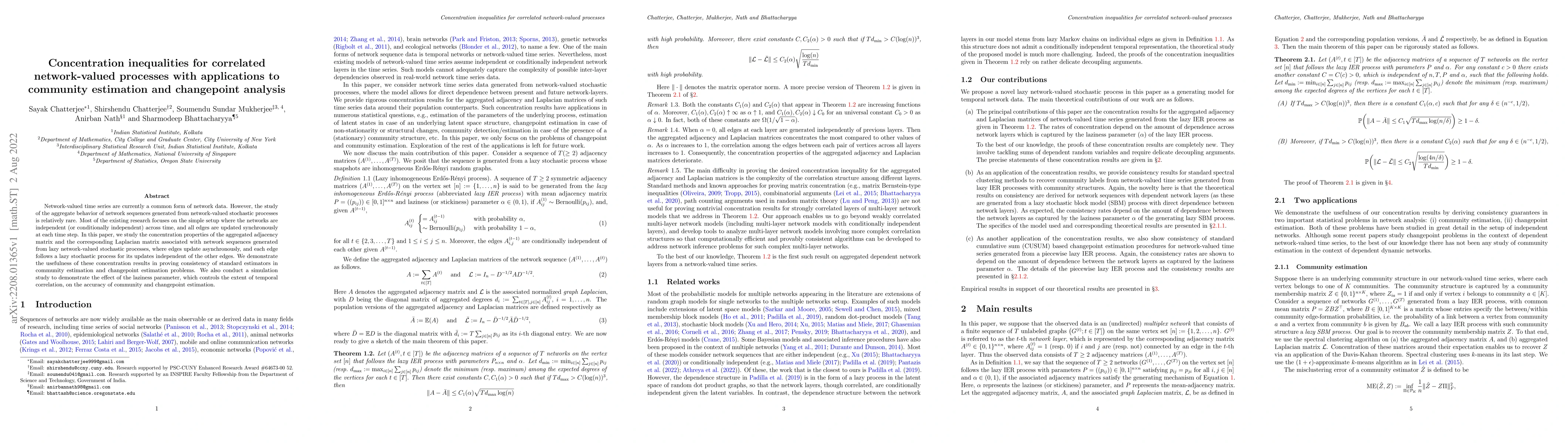Thumbnail for Concentration inequalities for correlated network-valued processes with
  applications to community estimation and changepoint analysis