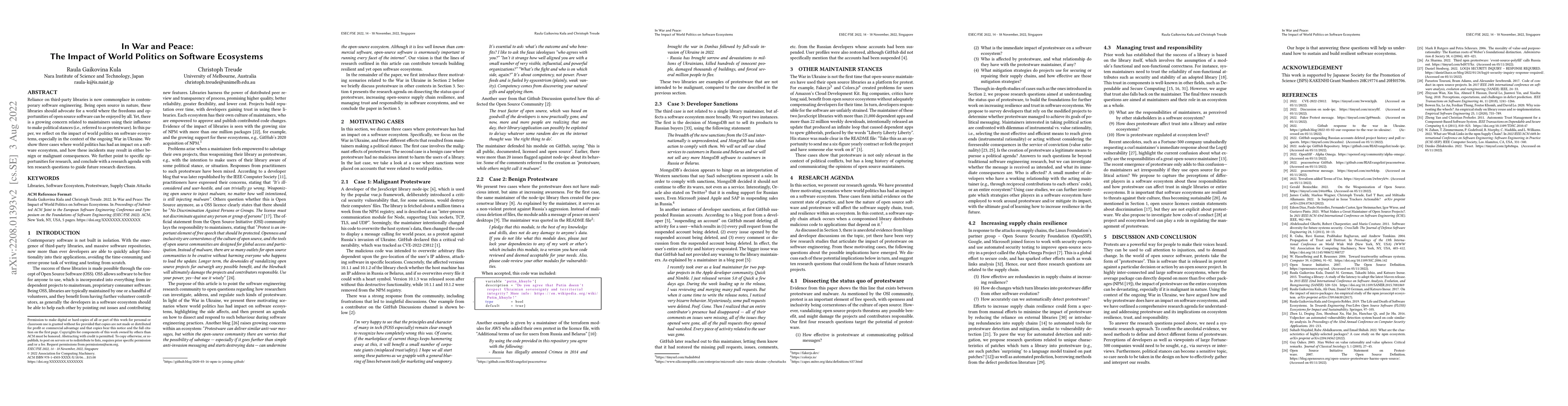 Thumbnail for In War and Peace: The Impact of World Politics on Software Ecosystems