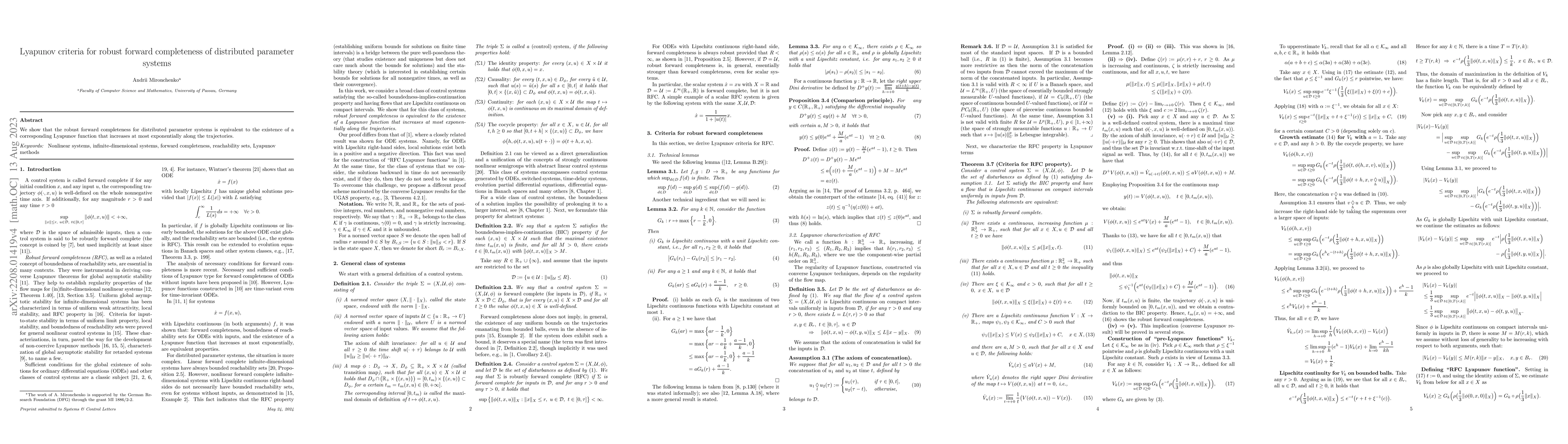 Thumbnail for Lyapunov criteria for robust forward completeness of distributed
  parameter systems