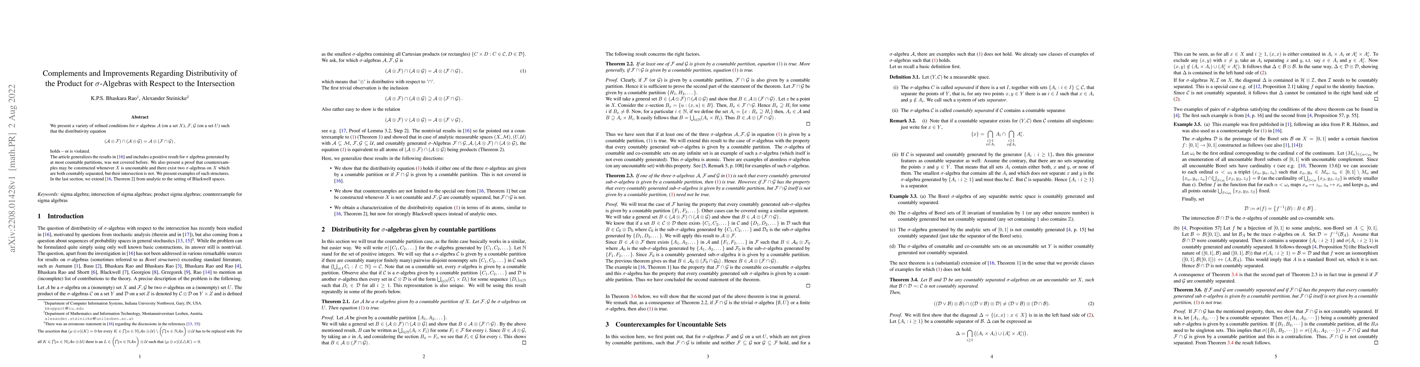 Thumbnail for Complements and Improvements Regarding Distributivity of the Product for
  $\sigma$-Algebras with Respect to the Intersection