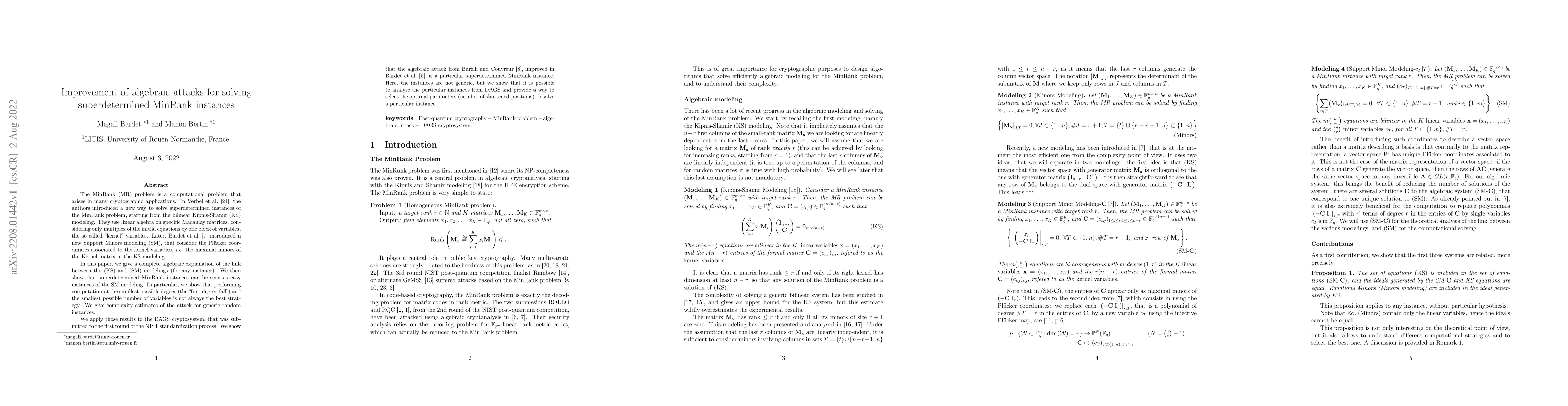 Thumbnail for Improvement of algebraic attacks for solving superdetermined MinRank
  instances