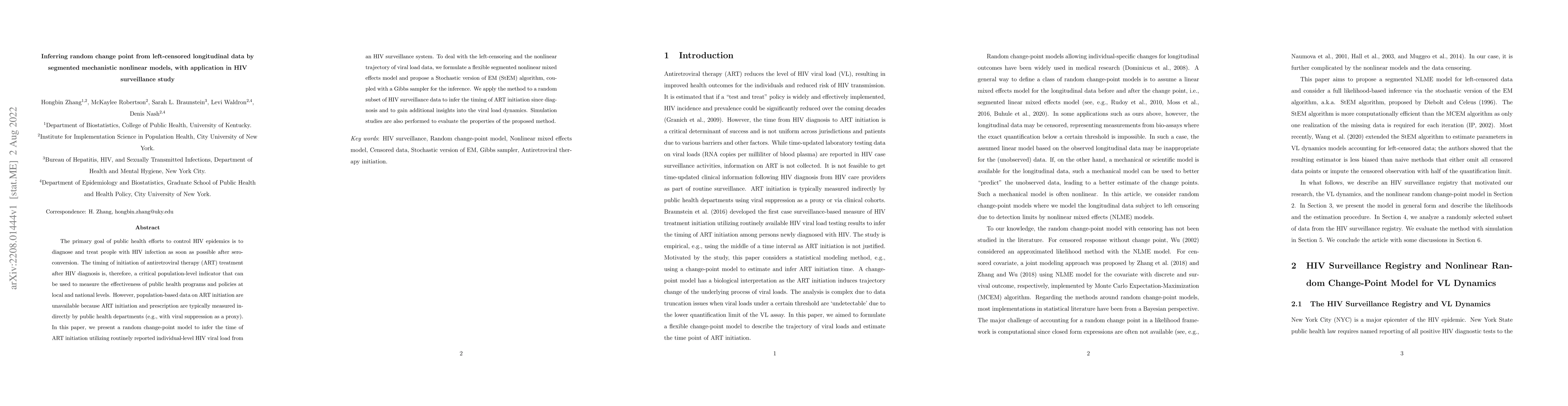 Thumbnail for Inferring random change point from left-censored longitudinal data by
  segmented mechanistic nonlinear models, with application in HIV surveillance
  study