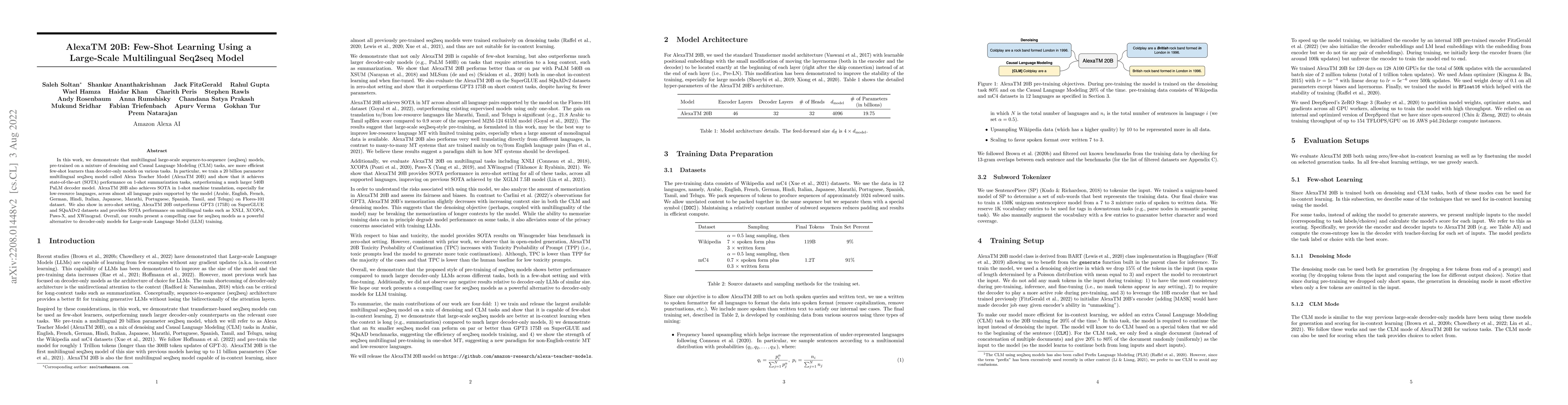 Thumbnail for AlexaTM 20B: Few-Shot Learning Using a Large-Scale Multilingual Seq2Seq
  Model